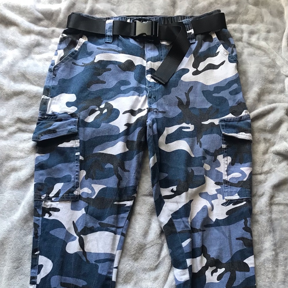 Black Blue & White Camo Cargo Pants